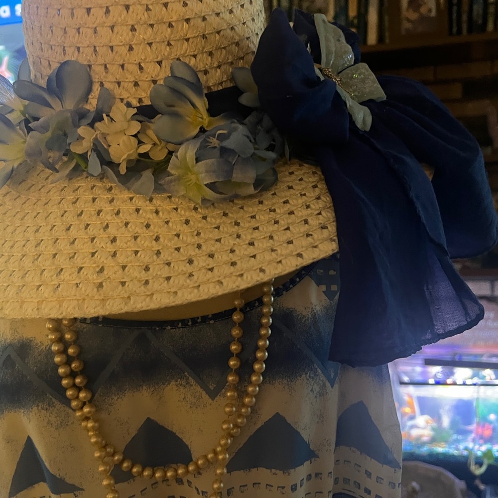 Chic Cream and Blue Floral Hat